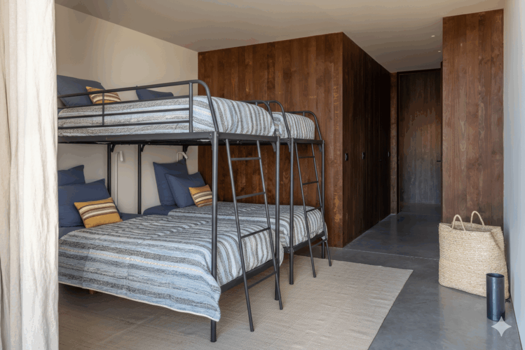 La chambre quadruple : deux lits superposés, boiseries sombres
